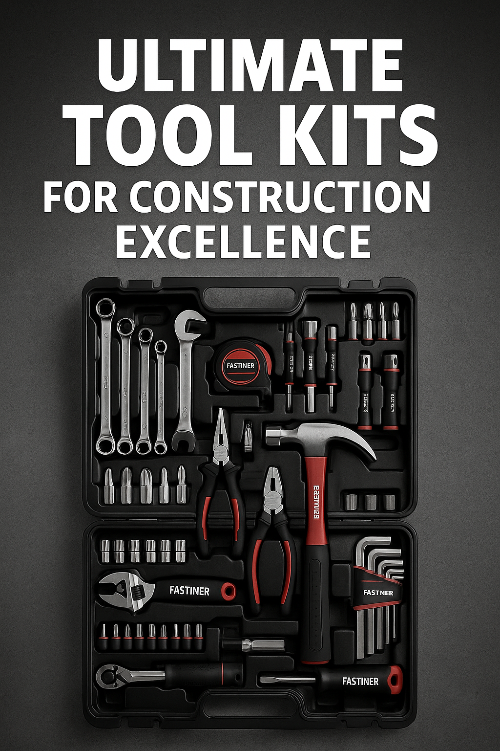 A digital photograph advertisement showcasing an ultimate tool kit from Fastiner Professional, featuring durable, precise, and reliable construction tools designed for various job site tasks.