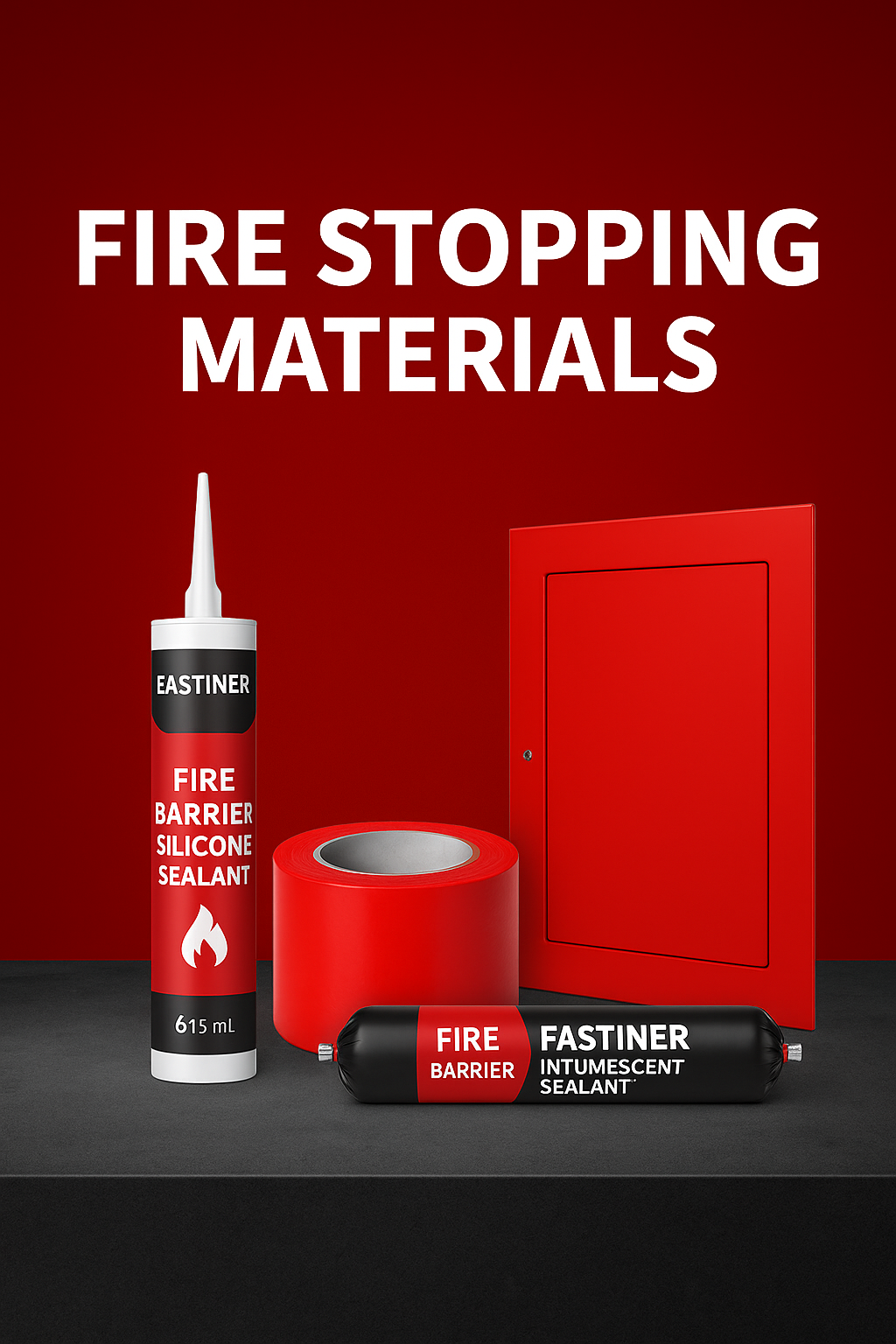 Digital graphic design showing Fastiner Professional’s fire stopping products arranged on a modern background, highlighting construction safety and product variety
