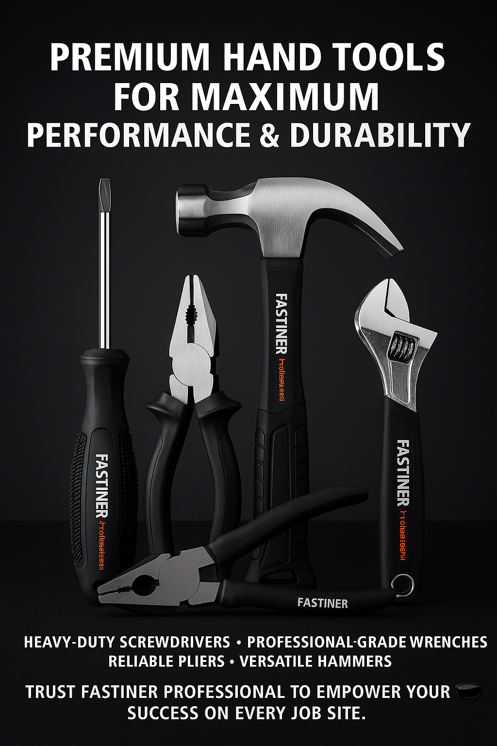 High-resolution digital image showcasing Fastiner Professional hand tools arranged in an eye-catching display, emphasizing product quality and durability for construction projects